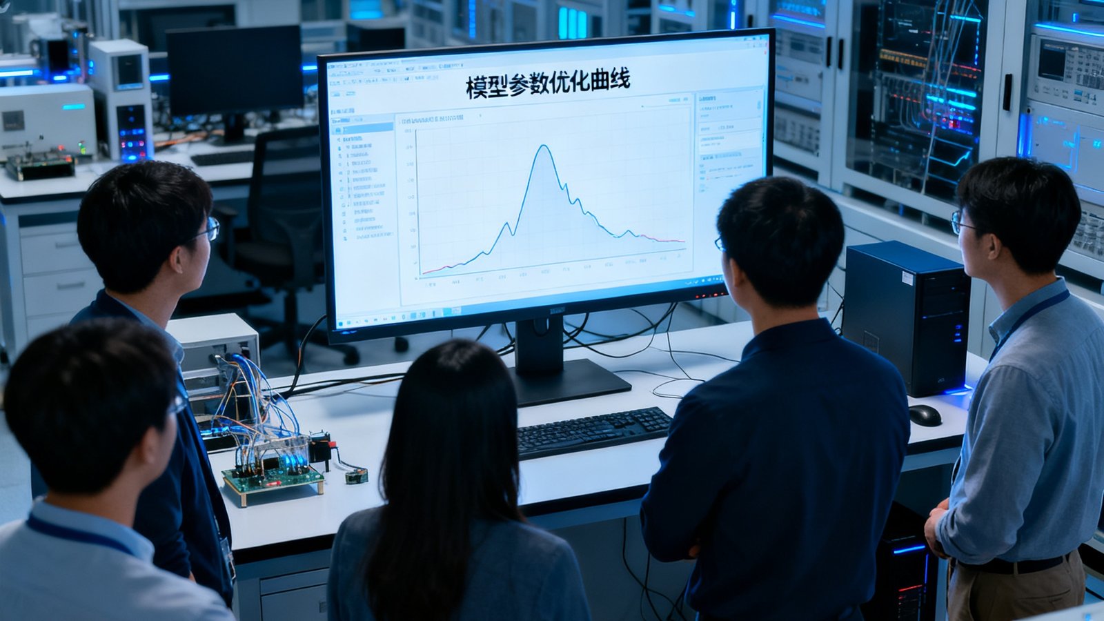 人工智能底层算法实验室中，研究人员正在调试大规模神经网络训练框架，屏幕上显示模型参数优化曲线