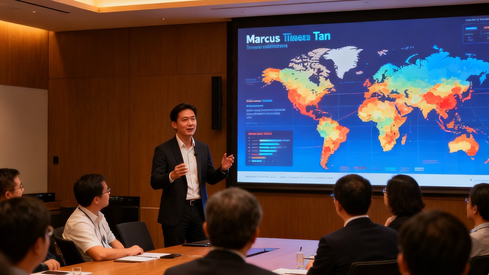 Marcus Tan在新加坡滨海湾金融中心会议室的主持场景，他正在向投资人讲解硬科技赛道投资策略，身后屏幕展示全球科技投资热力图